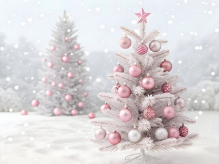 White Christmas tree decorated with pink and silver ornaments in snowy winter scene