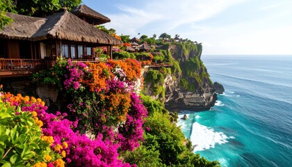 Bali Cliffside Villa with Ocean View and Lush Flowers.