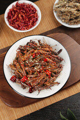 Shandong Style Deep Fried Grasshoppers Chinese Delicacy Traditional Farmhouse Cuisine Stir-Fried Insects with Chili Peppers