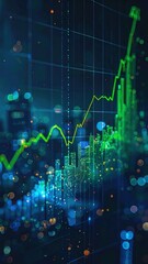 Abstract rendering of financial growth, visualized with a rising green line and glowing graph bars over a cityscape background