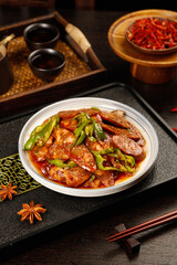 Handmade Spicy Sichuan Sausage Stir-Fry with Peppers - Traditional Chinese Farmers Market Smoked Meat Dish