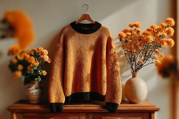 Ochre knit sweater with black collar and cuffs beside orange flowers yellow