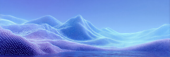 Futuristic digital landscape with blue gradient background featuring undulating surface covered in white dots resembling mountain range made from light and energy lines creating movement and depth.