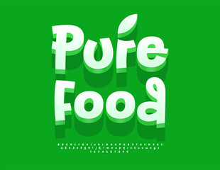 Vector Marketing banner Pure Food. Artistic White 3D Font. Decorative Alphabet Letters and Numbers set.