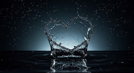 Heart-shaped water splash created by a droplet hitting a calm water surface during nighttime with starry sky and reflections on the water, close-up shot with high clarity and detail
