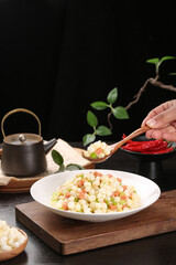 Fried Rice with Fresh Corn Kernels and Ham - Traditional Asian Cuisine Dish