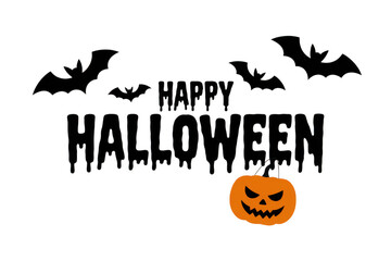 Happy halloween text with bats and pumpkin isolated on transparent background