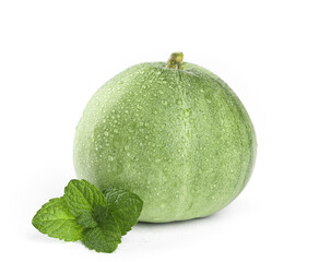 Fresh Green Shandong Melon with Water Droplets and Mint Leaves on White Background