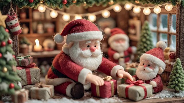Santa's Cozy Christmas Workshop: A heartwarming miniature scene of Santa Claus and his elves preparing gifts for Christmas Eve.