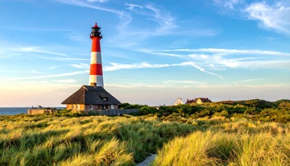 Lighthouse on a coastal dune landscape at sunset