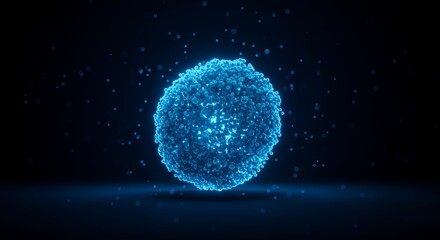 Blue glowing spherical virus or bacteria cell floating in dark space with tiny particles and illuminated surface science biology or microbiology concept