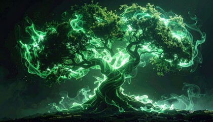 Obraz premium Glowing green tree, mystical vibes