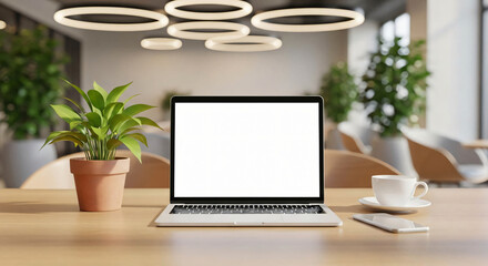 Modern Workspace Laptop Mockup with Coffee and Plant
