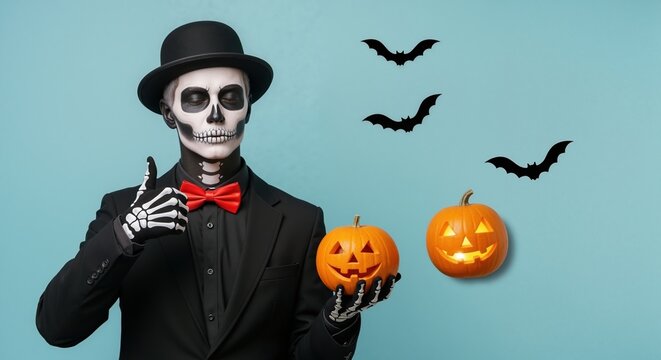 A man in a skeleton costume with Halloween makeup gives a thumbs up. Dapper character in a suit and hat holding a jack-o'-lantern. Spooky holiday party concept with copy space - Powered by Adobe