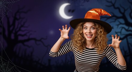 Playful woman in a witch costume celebrating Halloween. Young person making a spooky gesture for a fun party. Holiday concept with copy space