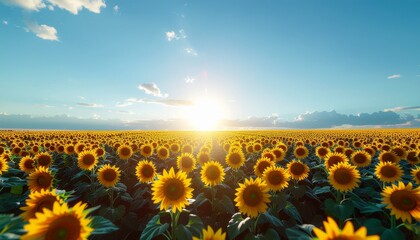 Obraz premium A sunflower field under a bright summer sky, hyper realistic photography