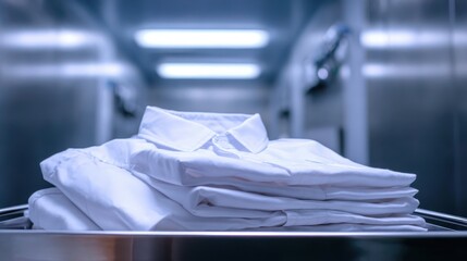 Neatly Folded White Shirts on a Stainless Steel Countertop