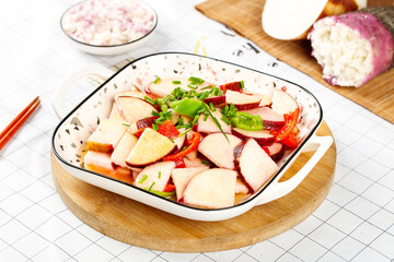 Fresh Shandong Radish Salad with Colorful Vegetables in White Bowl on Wooden Board