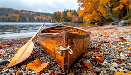 Wooden canoe on autumn shore
