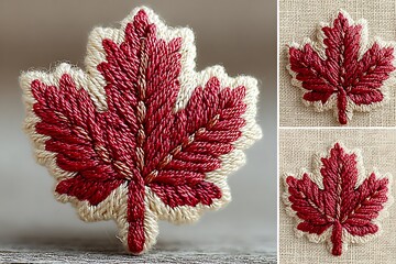 Red embroidered maple leaf on cream fabric embroidery