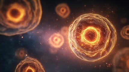 Microscopic View of Glowing Cells with Bright Centers and Vibrant Colors