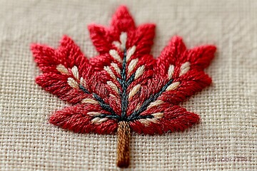 Red embroidered maple leaf on textured fabric embroidery cream