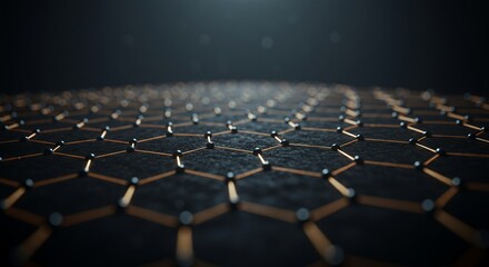 Close-up of a dark interconnected hexagonal nanomaterial structure with metallic bonds illuminated by subtle light reflections on a black background.