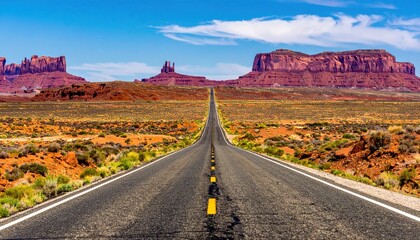 A long road stretches through a desert landscape, towards towering red rock formations