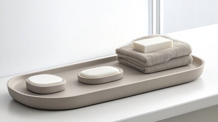 Minimalist Bathroom Accessories with Soap and Towel on Tray