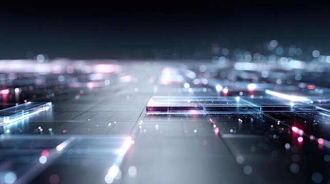 Abstract Futuristic Holographic Interface with Glowing Light and Shadow Technical Network Structure with Blue Purple and White Color