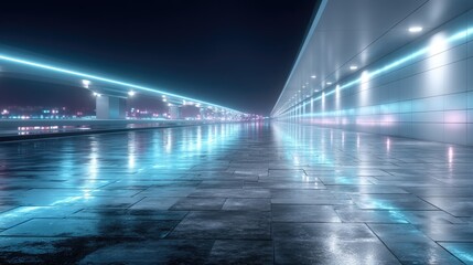 Abstract Futuristic Neon Tunnel with Blue Lighting and Wet Reflective Floor with Cityscape Background