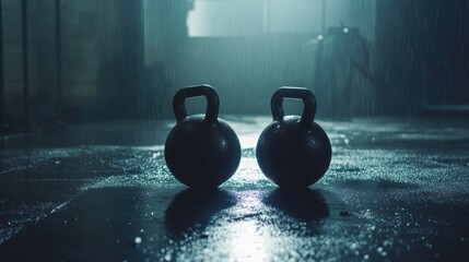 Kettlebells in Dark Gym With Rain and Moisture on Floor