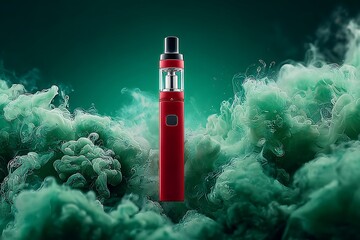 Red vape device with swirling green vapor e-cigarette smoke