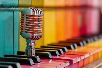 Retro microphone on colorful piano keys vintage keyboard