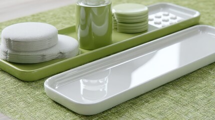 Minimalistic Green and White Tableware on a Textured Table Surface