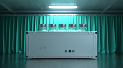 Laboratory Bottles on White Container with Green Background