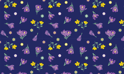 Hand-Drawn Seamless Floral Pattern with Purple and Yellow Flowers