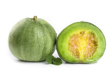 Fresh Green Shandong Melon Cut in Half Showing Sweet Yellow Flesh on White Background