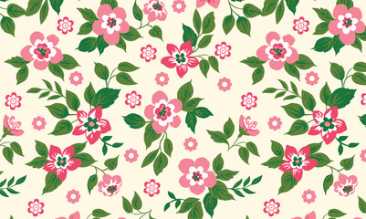 Fototapeta premium 'Pink Floral Seamless Pattern with Green Leaves and cream background'