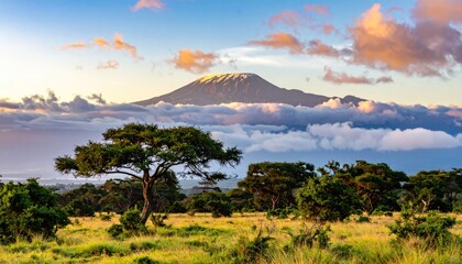 Majestic mountain peak rises above a golden savanna at sunrise