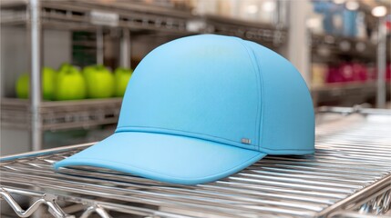 Light Blue Cap on Stainless Steel Rack Inside Modern Retail Store