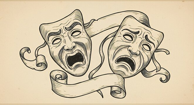 Theater masks with scroll