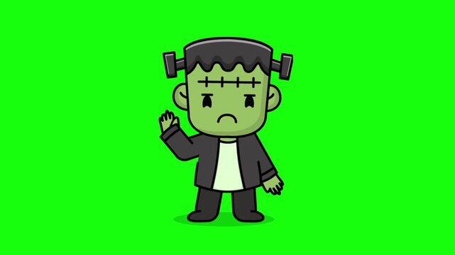 Scary Halloween frankenstein waving animation, 4K green screen video