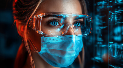 Woman medical mask safety goggles blue eyes futuristic technology healthcare digital interface professional focused