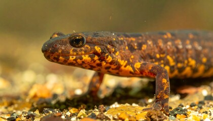 Close-up view of a newt, showcasing its textured skin and focused gaze as it navigates a submerged, rocky environment