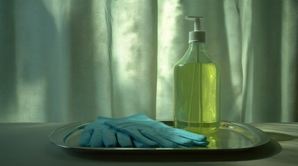 Liquid Soap Bottle, Cleaning Gloves, and Tray on Soft Surface