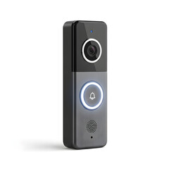 Fototapeta premium A sleek, modern smart doorbell with a camera and illuminated button, designed for home security and convenience.