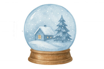 Snow globe watercolor winter illustration with a cozy house and pine tree covered in falling snow