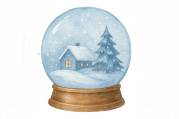 Snow globe watercolor winter illustration with a cozy house and pine tree covered in falling snow