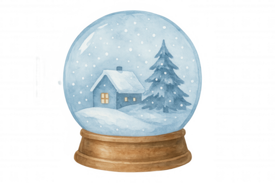 Snow globe watercolor winter illustration with a cozy house and pine tree covered in falling snow